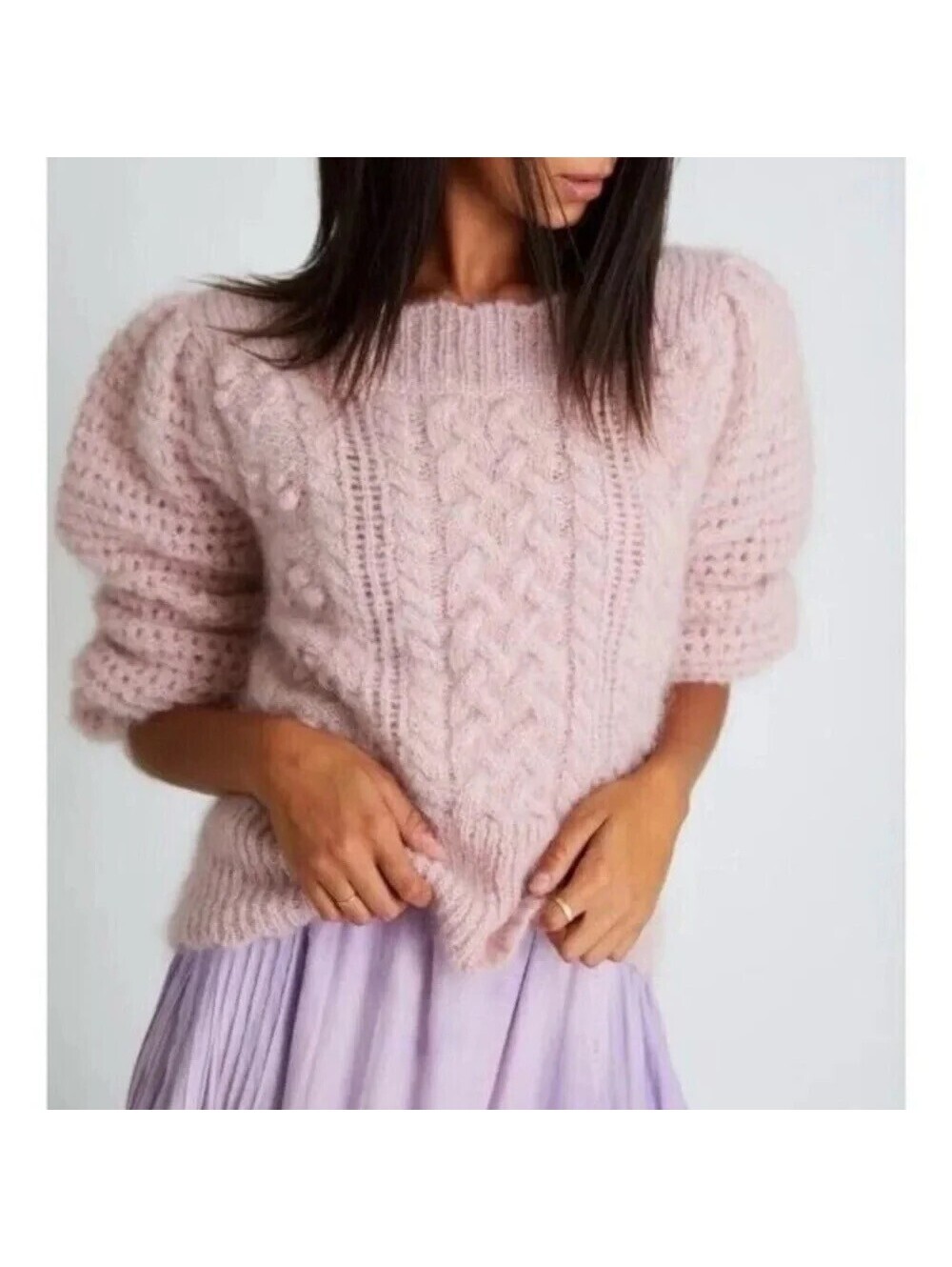LoveShackFancy Vyoma Alpaca Blend Cable Knit Sweater Pink Puff Sleeve Small